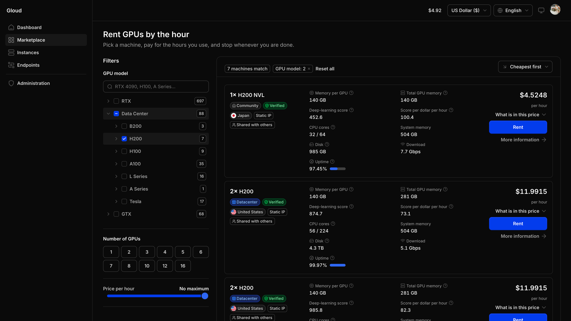 The Gloud console, showing the GPU marketplace with hourly offers and filters for GPU model, GPU count and price per hour.